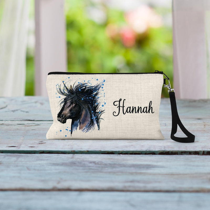 Horse Cosmetic Bag: Linen Zipper Pouch with Wrist Strap