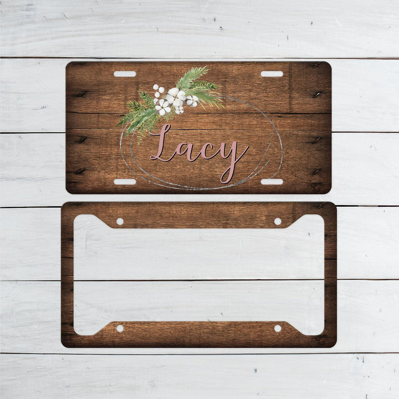 Personalized Floral Wood Aluminum License Plate or Frame