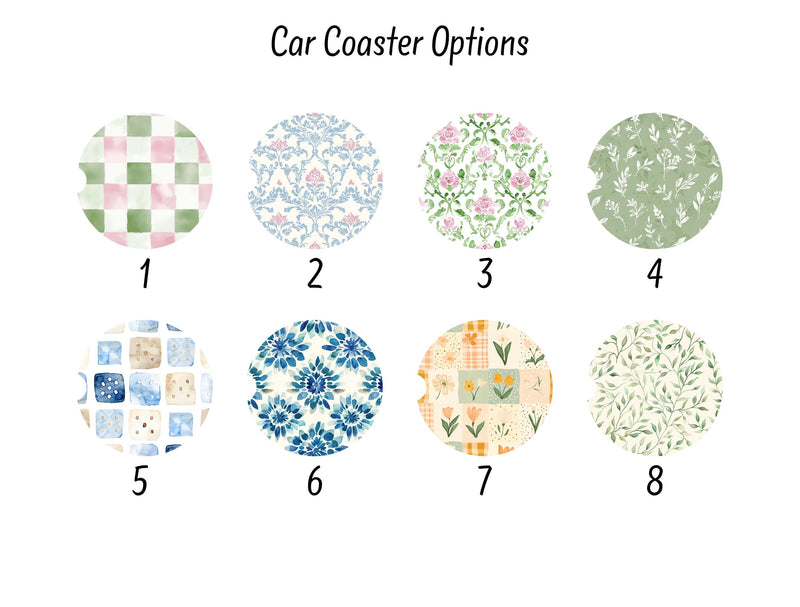 a collection of eight different car coasters, each with a unique pattern or design.