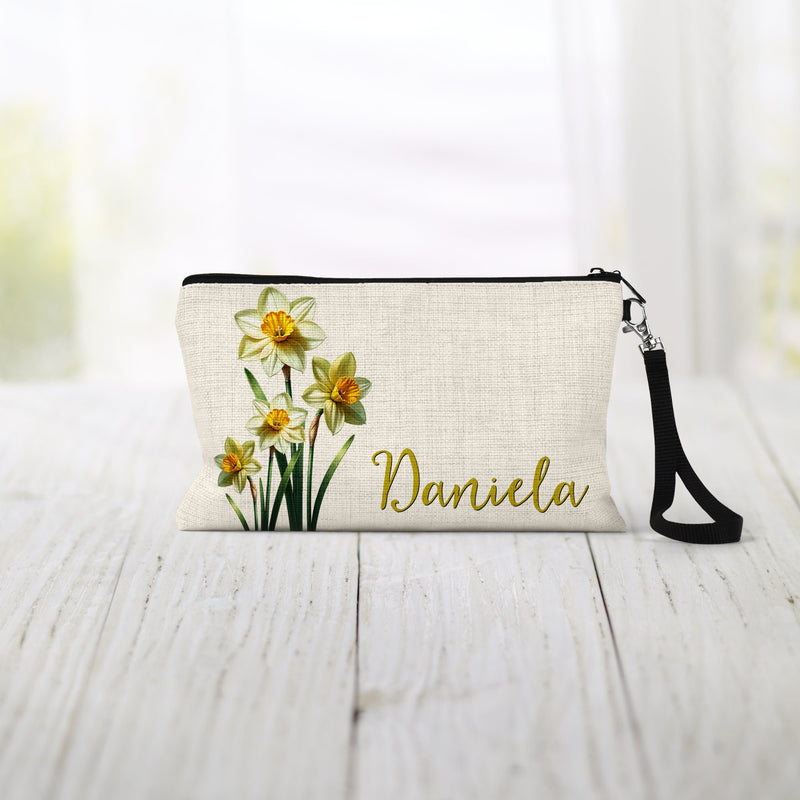 December Narcissus Linen Zipper Pouch: Floral Cosmetic Bag