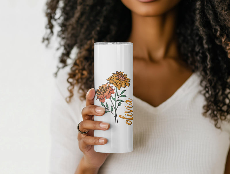 October Birth Flower Skinny Tumbler – Bridesmaid, Mom, Teacher or Girls Trip Gift