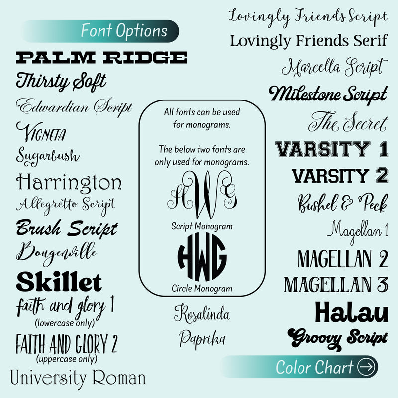 a collection of various font options, including the "Palm Ridge" font, the "Thirsty Soft" font, the "Marcella Script" font, and many others. The font options are presented in a color chart format, with each font type listed and its corresponding color. The image is a collage of multiple font images, and the text is described in a concise and clear manner, avoiding redundancy and focusing on the individual font options.