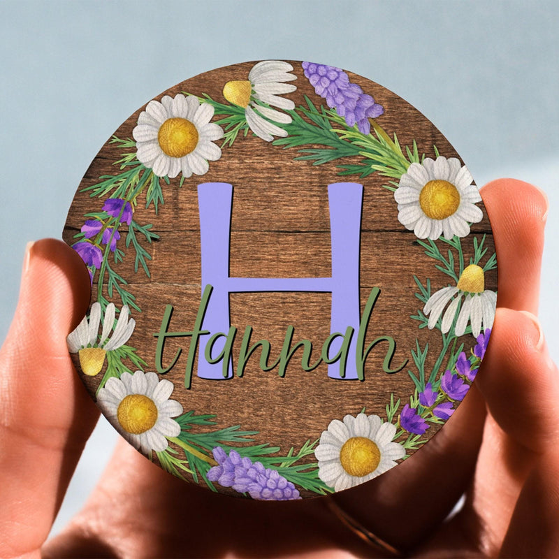 Floral Car Coaster: Personalized Initial, Rubber or Sandstone