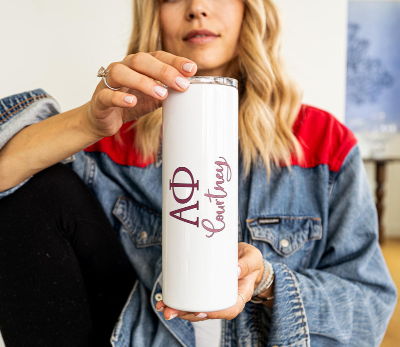 Alpha Phi Custom Skinny Tumbler - Perfect Sorority Gift