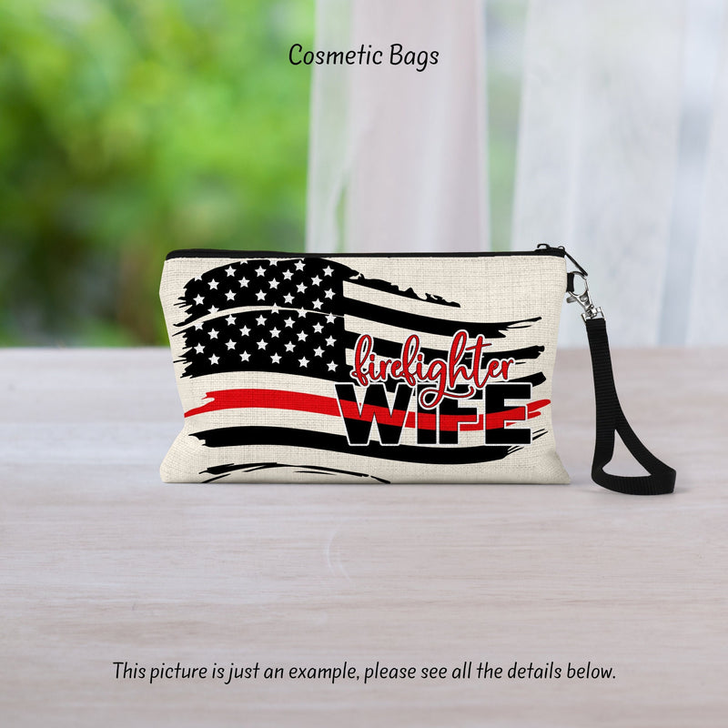 Firefighter Wife Cosmetic Bag: USA Flag, Thin Red Line, Linen