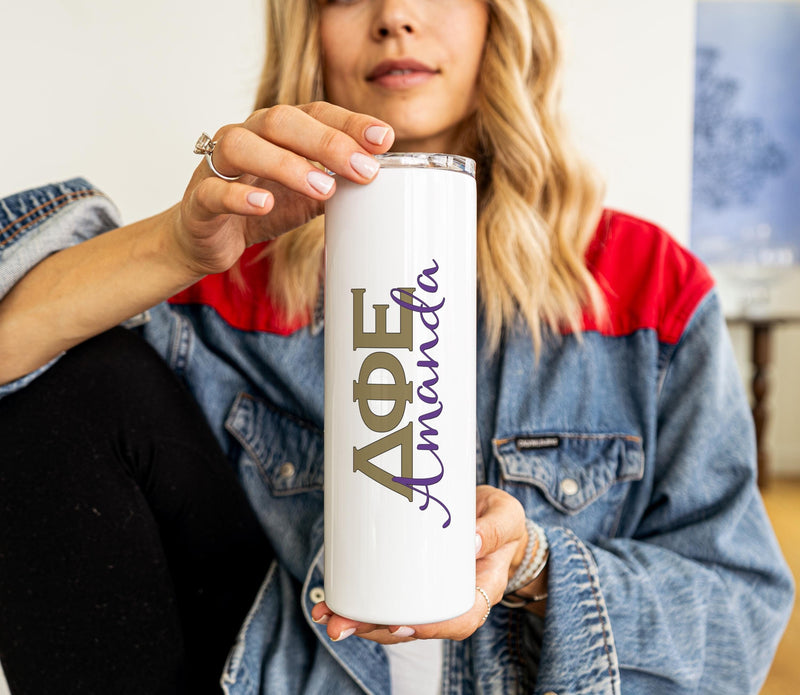 Delta Phi Epsilon Custom Skinny Tumbler - Perfect Sorority Gift