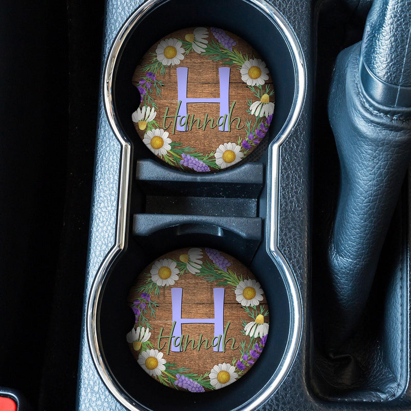 Floral Car Coaster: Personalized Initial, Rubber or Sandstone