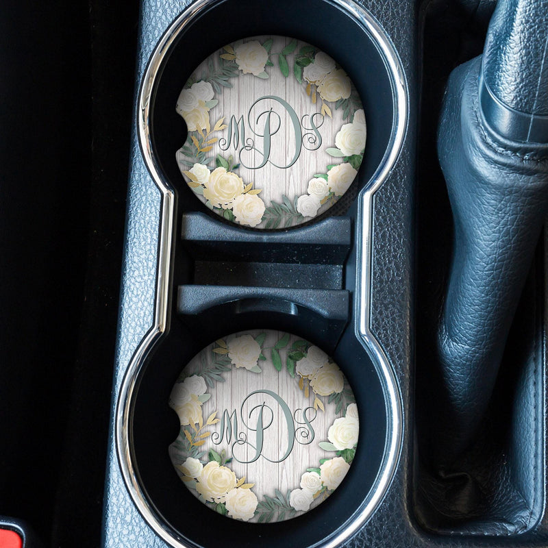 Car Coasters, White Flowers Coaster, Personalized Coaster, Anniversary Gift, Monogram Coasters, Wedding Gift, Monogrammed Gifts, CC62