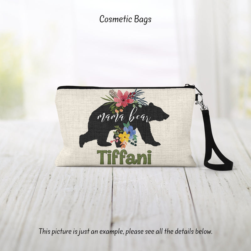 Mama Bear Linen Cosmetic Bag - Customizable Gift for Her