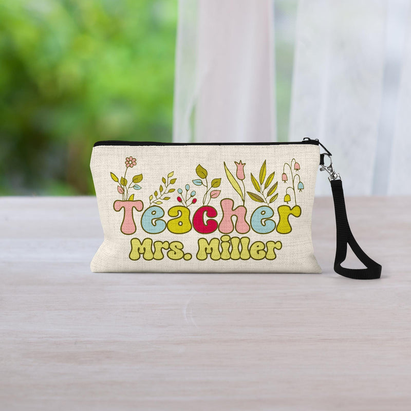 Personalized Teacher Cosmetic Bag: Floral Linen Zipper Pouch