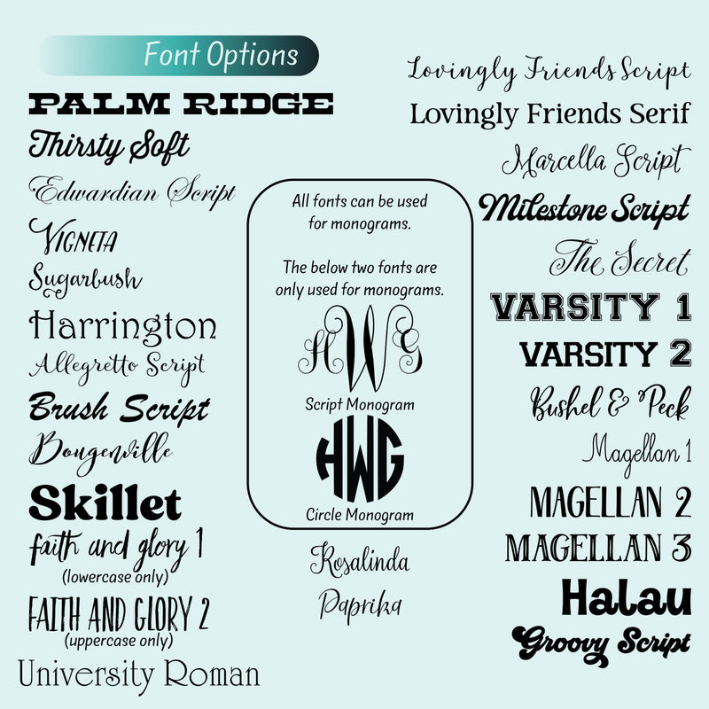a collection of various font options, including the names of different fonts and monograms, as well as the names of fonts and monograms.