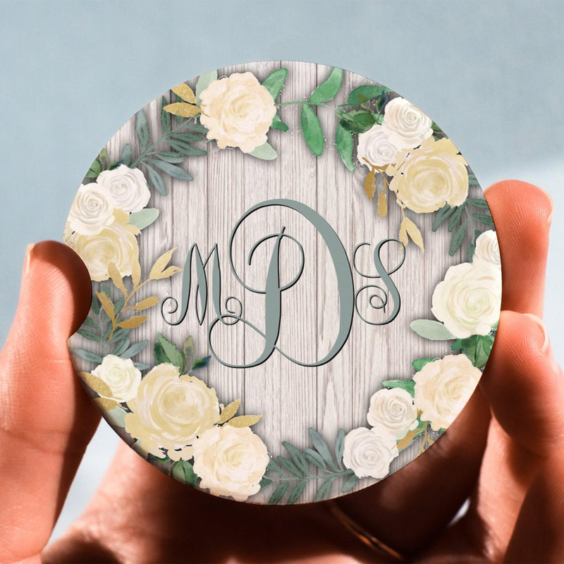 Car Coasters, White Flowers Coaster, Personalized Coaster, Anniversary Gift, Monogram Coasters, Wedding Gift, Monogrammed Gifts, CC62