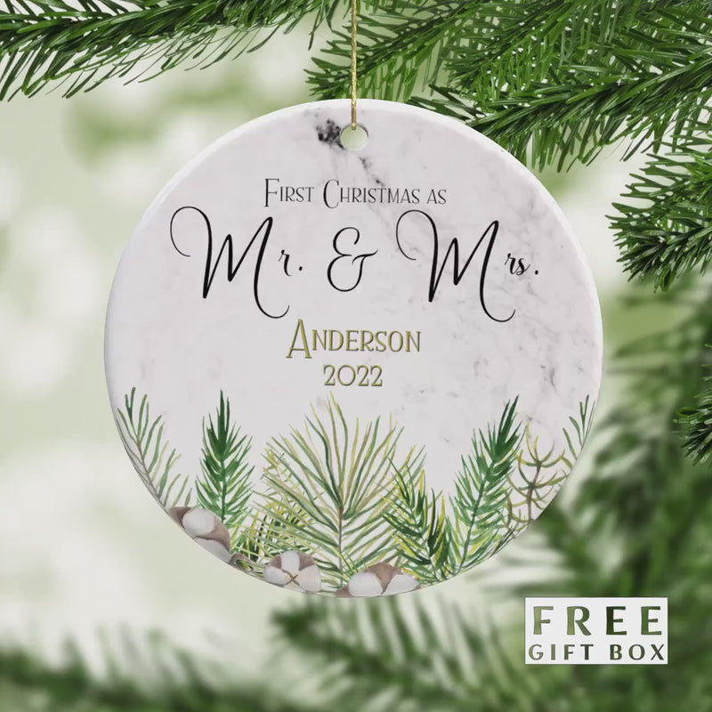 Mr and Mrs First Christmas Ornament - Just Married Wedding Keepsake & Bridal Shower Gift