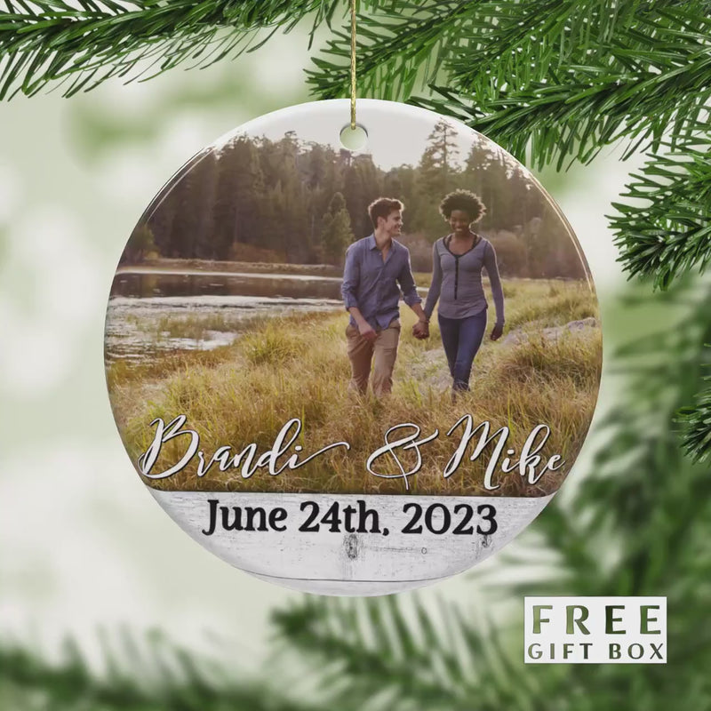 Custom Engagement Photo Ornament - Our First Christmas