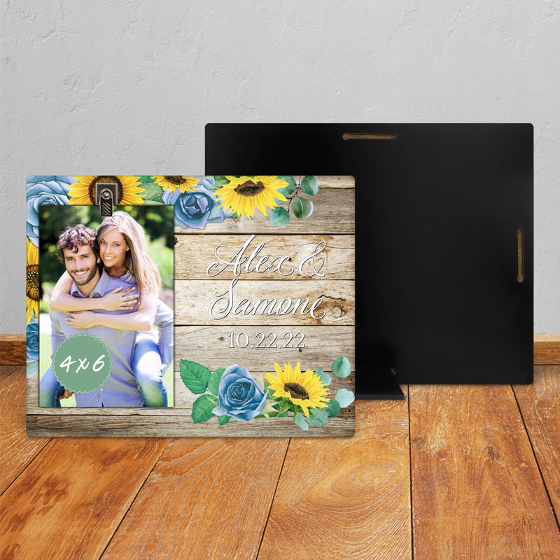 Blue Roses & Sunflowers Wedding Photo Frame - Personalized Picture Gift