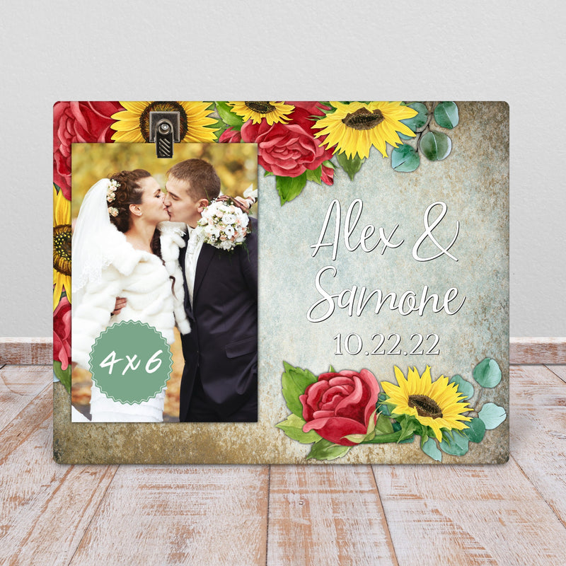 Wedding Picture Frame - Unique Engagement Gift with Sunflowers and Red Roses