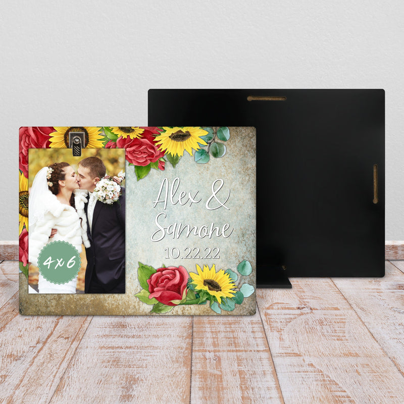 Wedding Picture Frame - Unique Engagement Gift with Sunflowers and Red Roses
