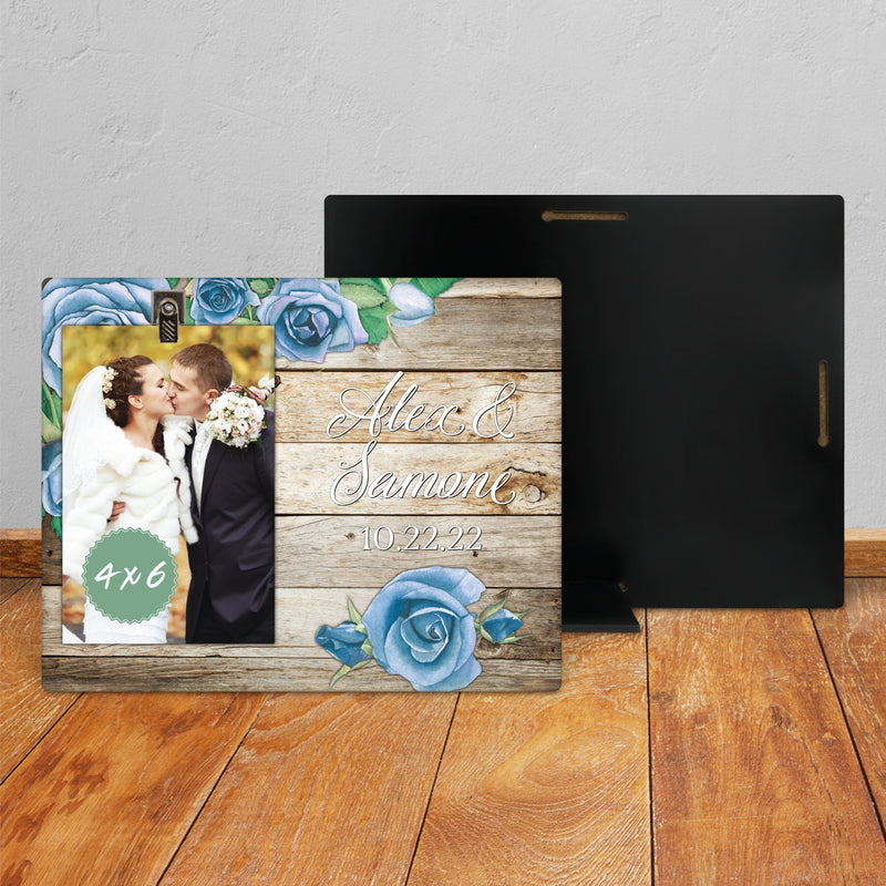 Wedding Photo Frame with Blue Roses - Unique Custom Picture Gift