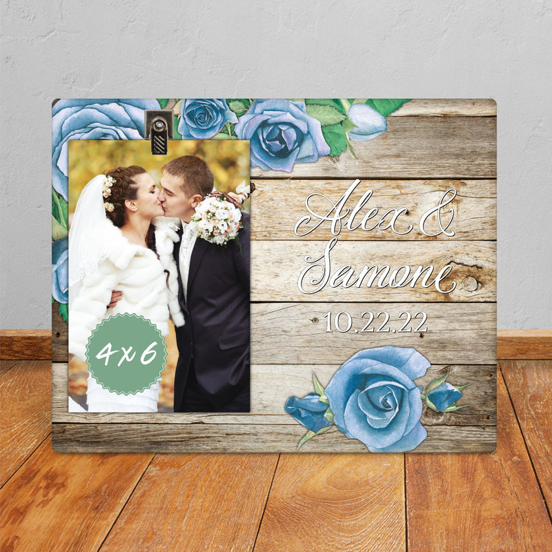 Wedding Photo Frame with Blue Roses - Unique Custom Picture Gift