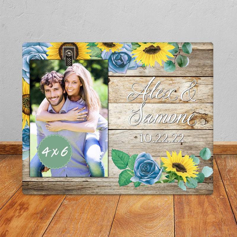 Blue Roses & Sunflowers Wedding Photo Frame - Personalized Picture Gift