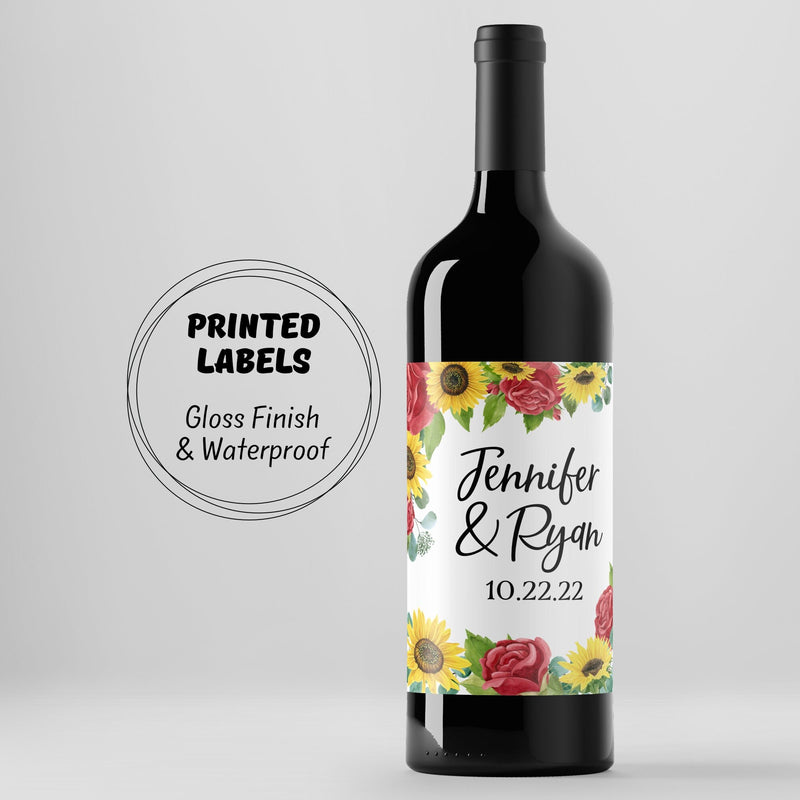 Red Roses & Sunflower Wine Label, Wine Bottle Labels, Wedding Wine Label, Wedding Champagne, Wedding Label, Champagne Label